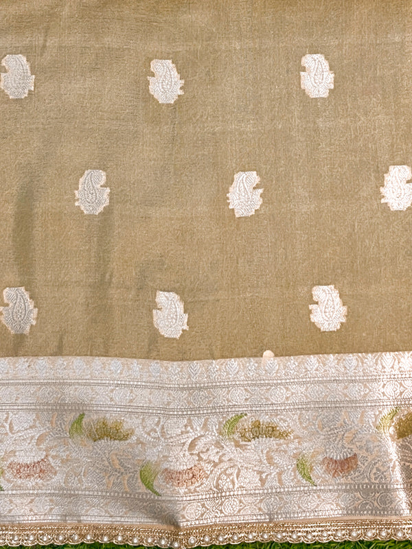 Banarasee Semi Chiffon Saree With Meena Work Silver Zari Border & Lace-Light Beige