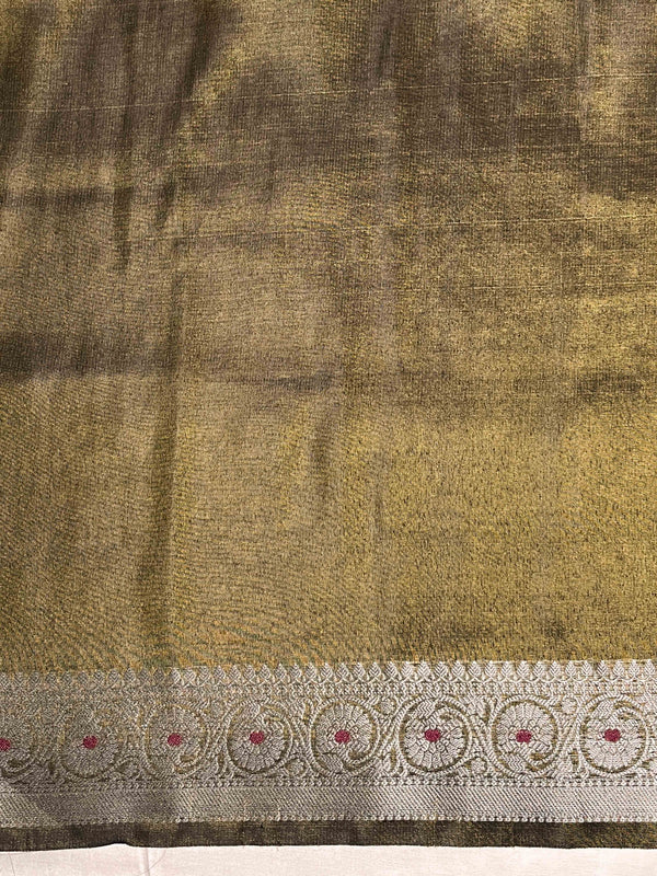 Banarasee Handloom Dual Tone Shimmer Silk Saree With Buti Design & Meena Border-Olive Green