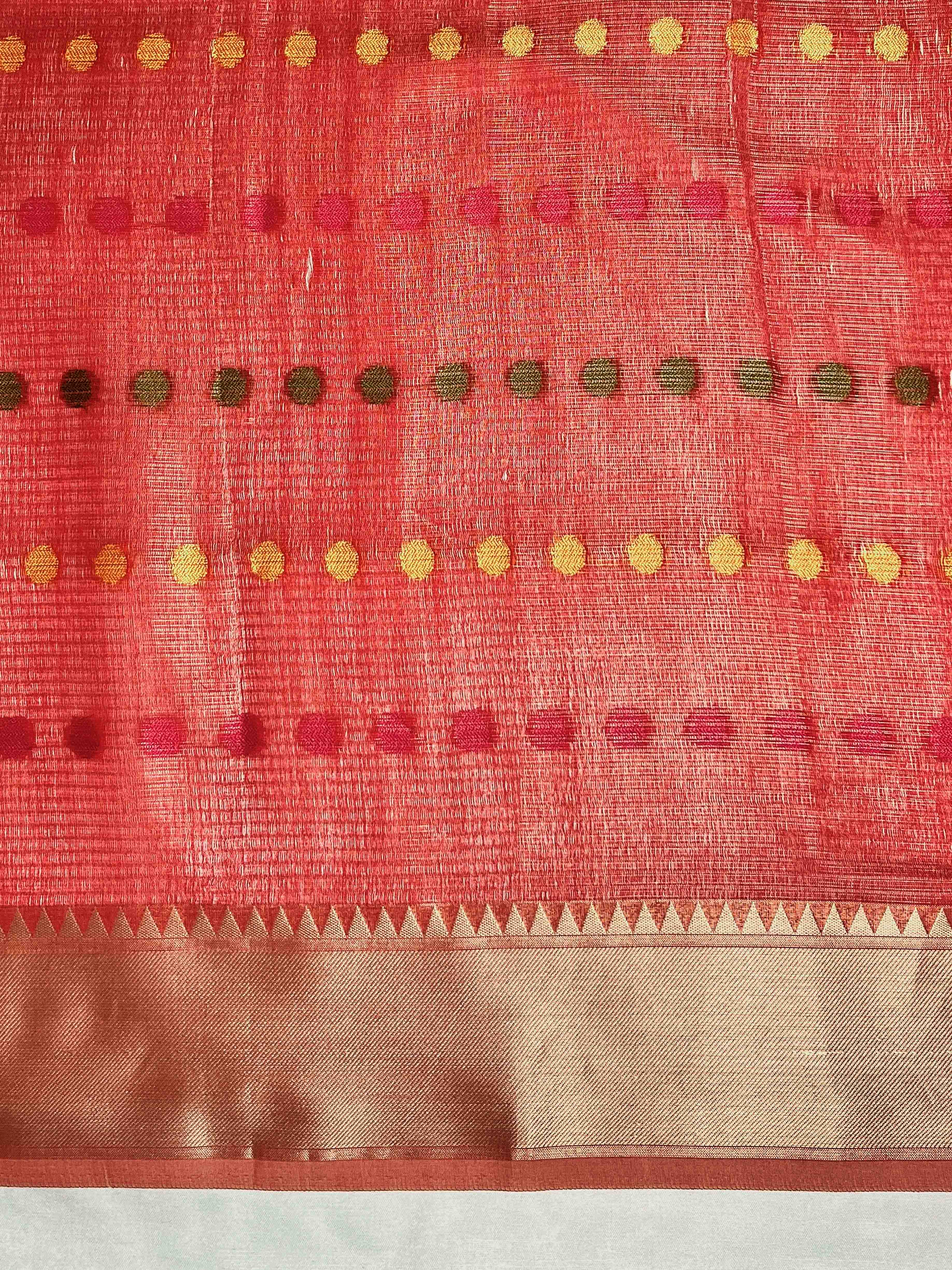 Banarasee Handloom Tissue Saree With Thread Embroidery & Contrast Pallu-Gold & Red