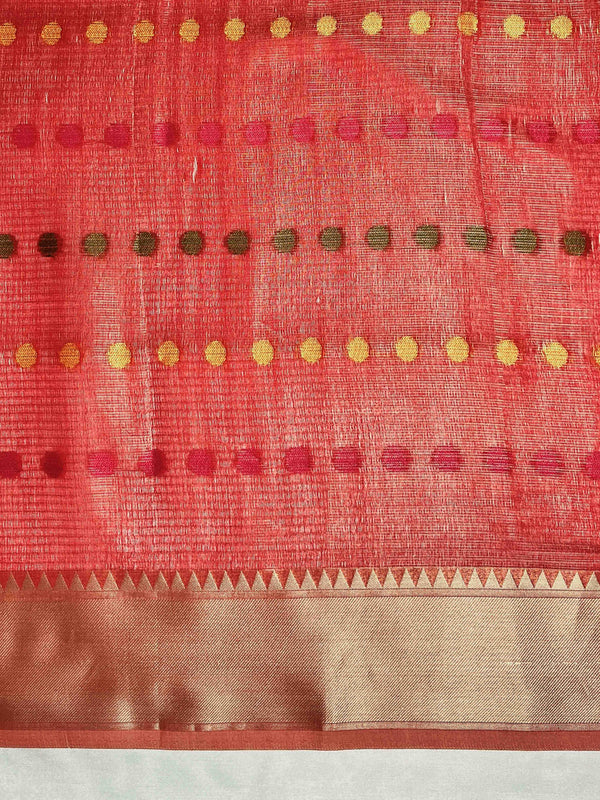 Banarasee Handloom Tissue Saree With Thread Embroidery & Contrast Pallu-Gold & Red