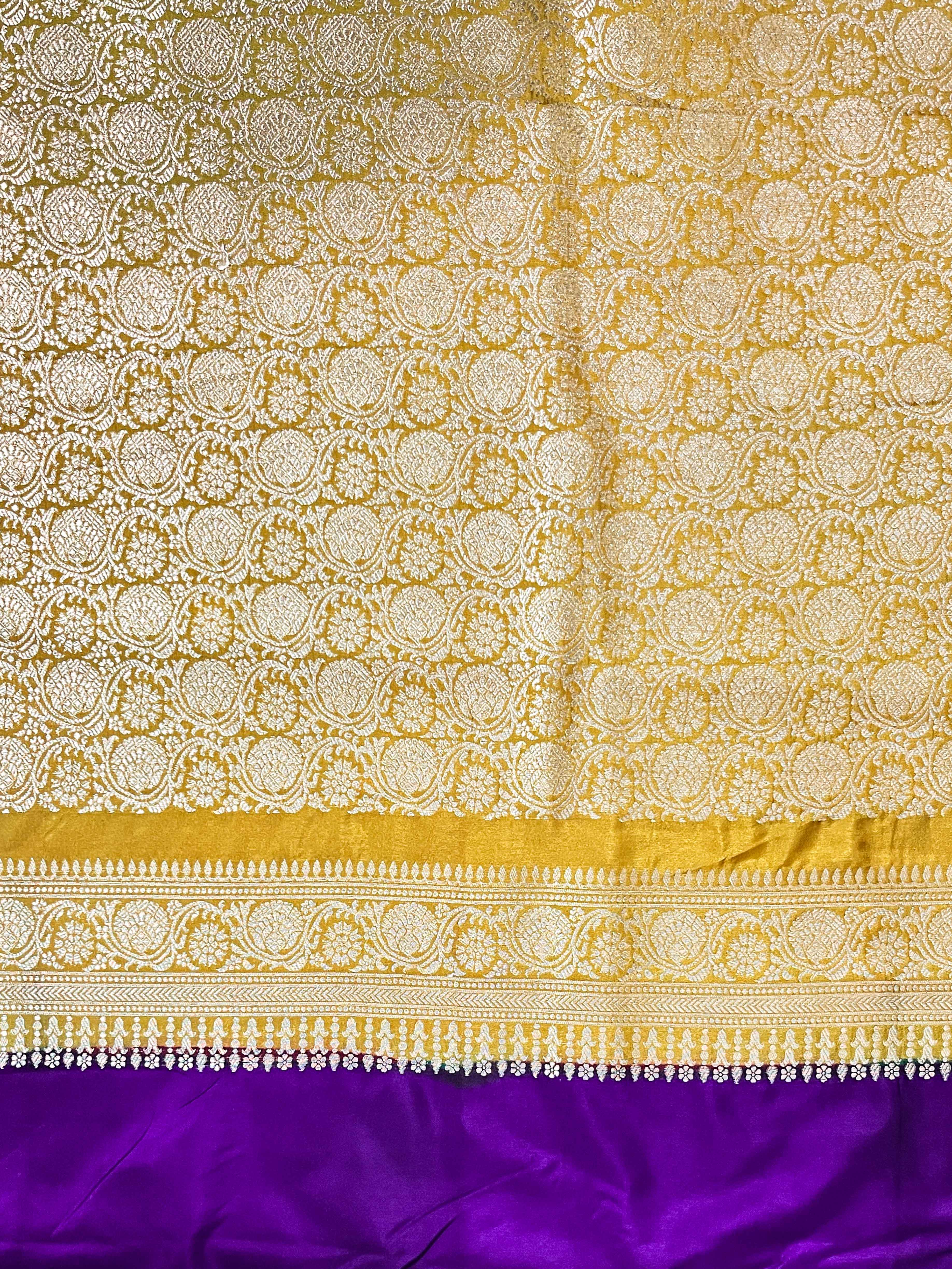 Banarasee Handloom Semi Silk Saree With Sona Rupa Zari Buti Design & Contrast Border-Violet & Mustard Yellow