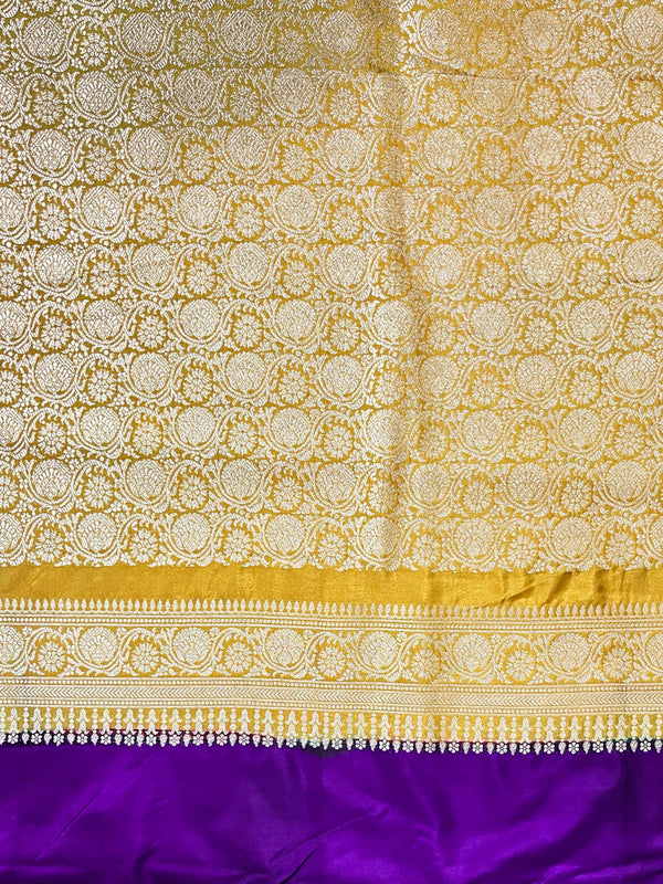 Banarasee Handloom Semi Silk Saree With Sona Rupa Zari Buti Design & Contrast Border-Violet & Mustard Yellow