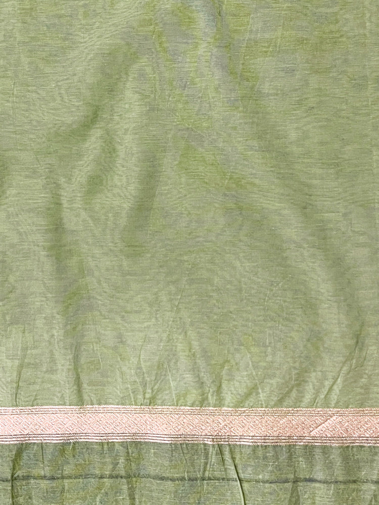 Banarasee Handloom Pure Cotton Silk Saree With Zari Jaal Design-Light Green