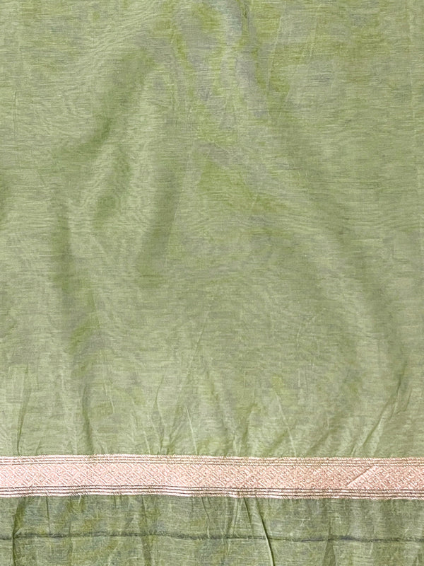 Banarasee Handloom Pure Cotton Silk Saree With Zari Jaal Design-Light Green