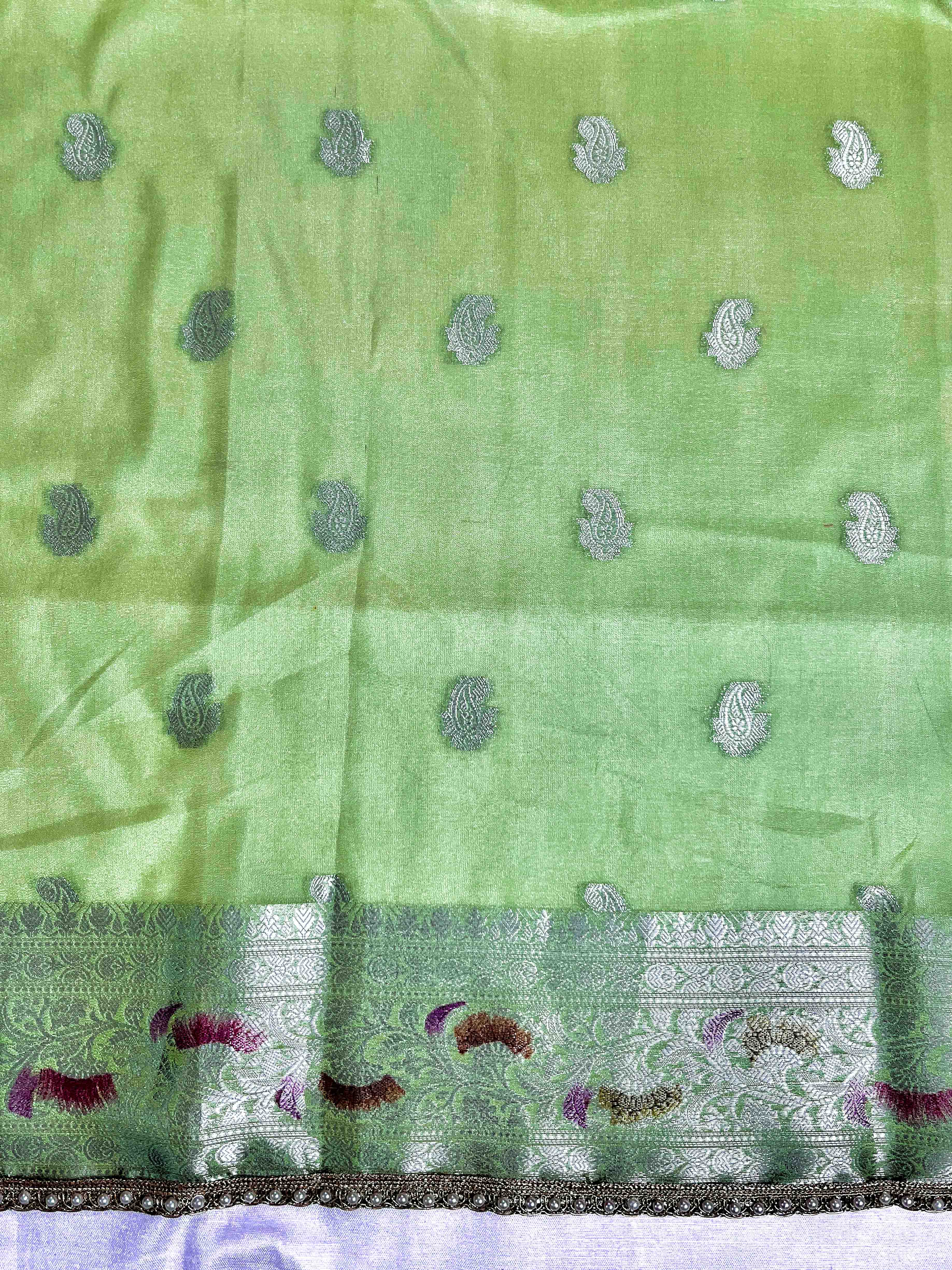 Banarasee Semi Chiffon Saree With Meena Work Silver Zari Border & Lace-Light Green