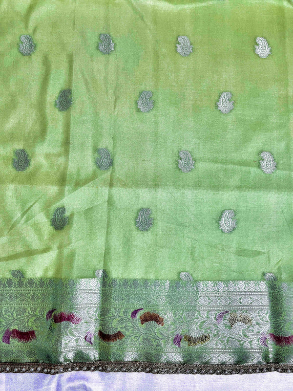Banarasee Semi Chiffon Saree With Meena Work Silver Zari Border & Lace-Light Green