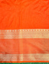 Banarasee Handloom Semi Silk Saree With Contrast Zari Border-Cream & Orange