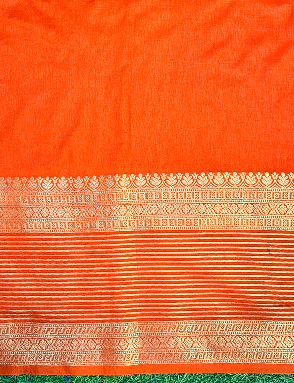 Banarasee Handloom Semi Silk Saree With Contrast Zari Border-Cream & Orange