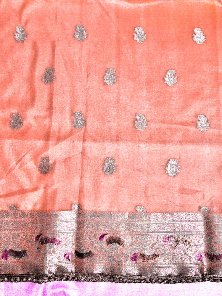 Banarasee Semi Chiffon Saree With Meena Work Silver Zari Border & Lace-Peach