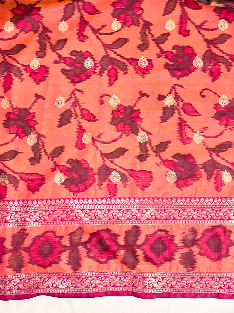 Banarasee Handloom Dual Tone Semi Silk Saree With Buti Design & Ikkat Border-Yellow