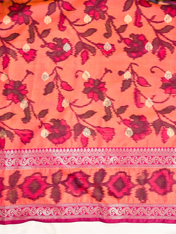 Banarasee Handloom Dual Tone Semi Silk Saree With Buti Design & Ikkat Border-Yellow