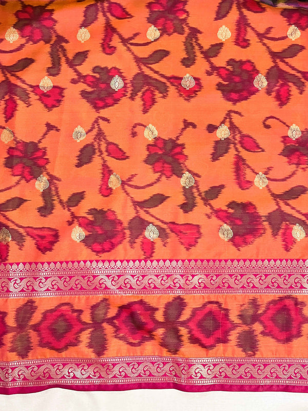 Banarasee Handloom Dual Tone Semi Silk Saree With Buti Design & Ikkat Border-Mauve
