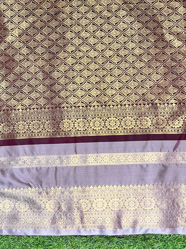 Banarasee Handloom Semi Silk Saree With Buti Design & Contrast Zari Border-Burgundy