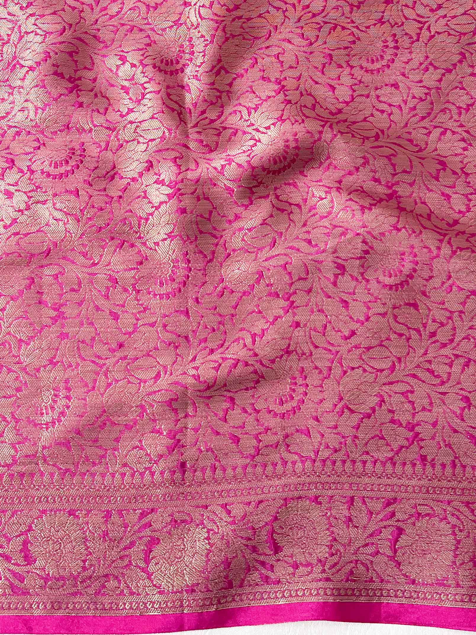 Banarasee Handwoven Semi Silk Plain Saree With Zari Contrast Border-White & Pink