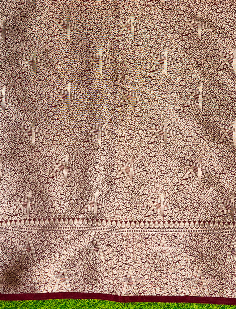 Banarasee Semi Chiffon Saree With Buti Design & Contrast Zari Border-Orange & Burgundy
