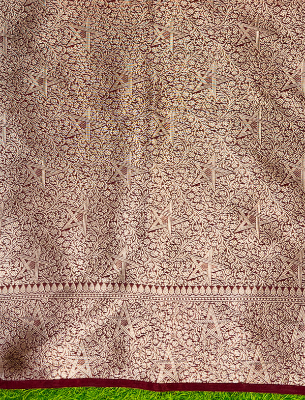 Banarasee Semi Chiffon Saree With Buti Design & Contrast Zari Border-Orange & Burgundy