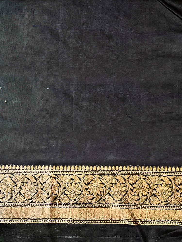 Banarasee Handwoven Faux Georgette Saree With Antique Zari Work Floral Border & Lace-Black