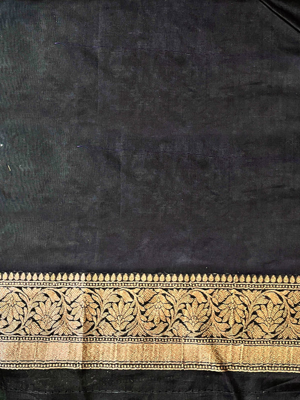 Banarasee Handwoven Faux Georgette Saree With Antique Zari Work Floral Border & Lace-Black