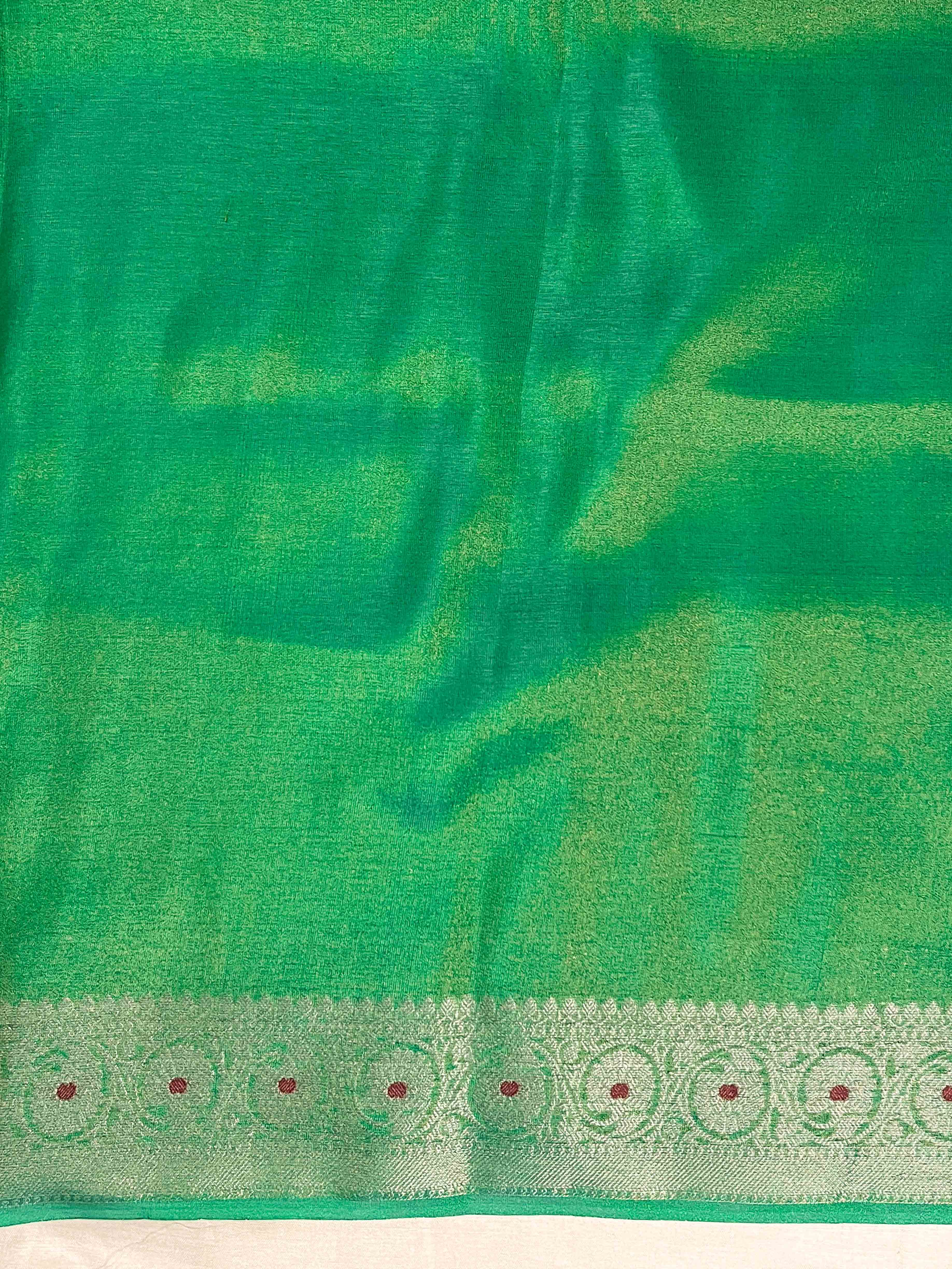 Banarasee Handloom Dual Tone Shimmer Silk Saree With Buti Design & Meena Border-Pastel Green