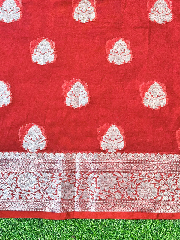 Banarasee Handwoven Dual Color Semi-Chiffon Saree With Zari Work-Pink & Red