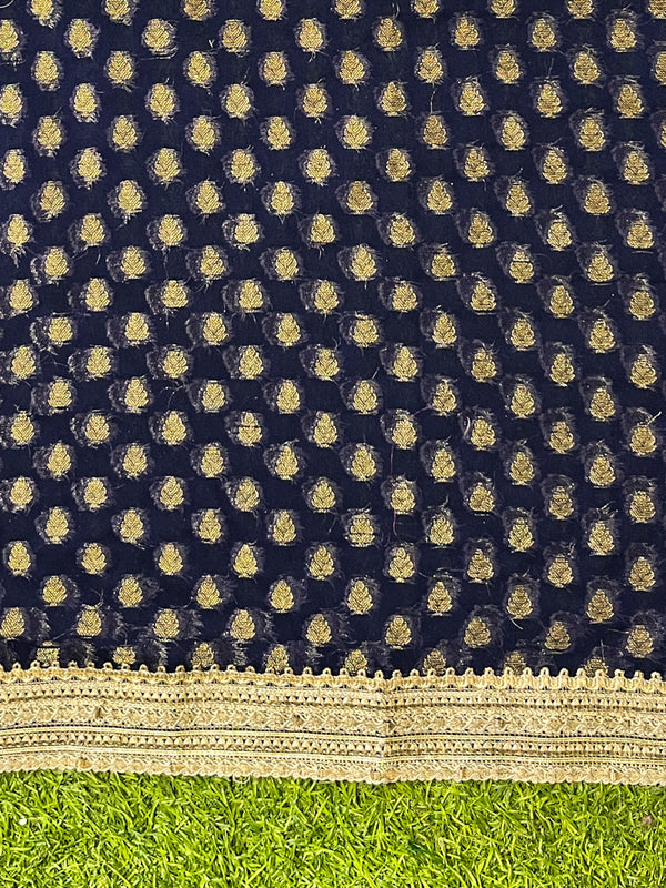 Banarasee Handwoven Dual Color Semi-Chiffon Saree With Zari Work & Lace Border-Blue
