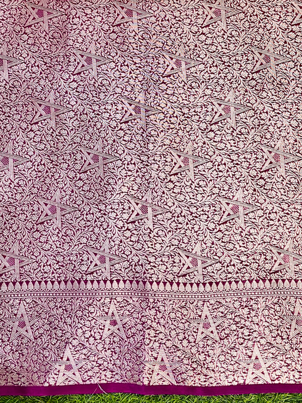 Banarasee Semi Chiffon Saree With Buti Design & Contrast Zari Border-Yellow & Magenta