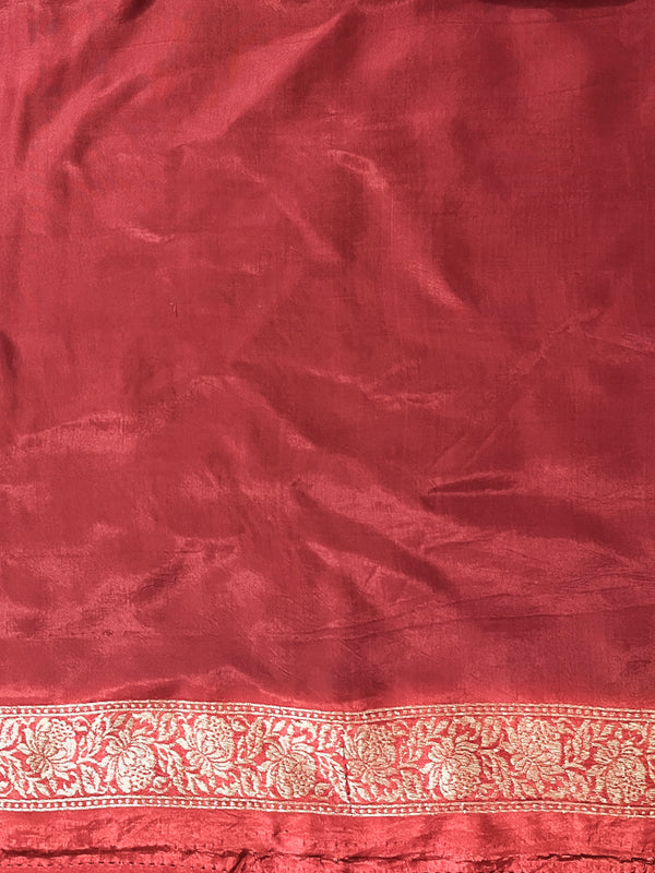 Banarasee Handloom Soft Silk Saree With Antique Zari Buti Design & Border-Maroon