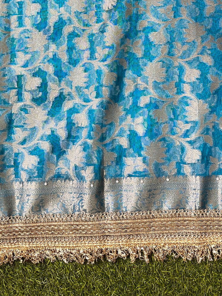 Banarasee Tissue Saree With Handwork Pearl Motifs Zari Border & Lace-Sky Blue