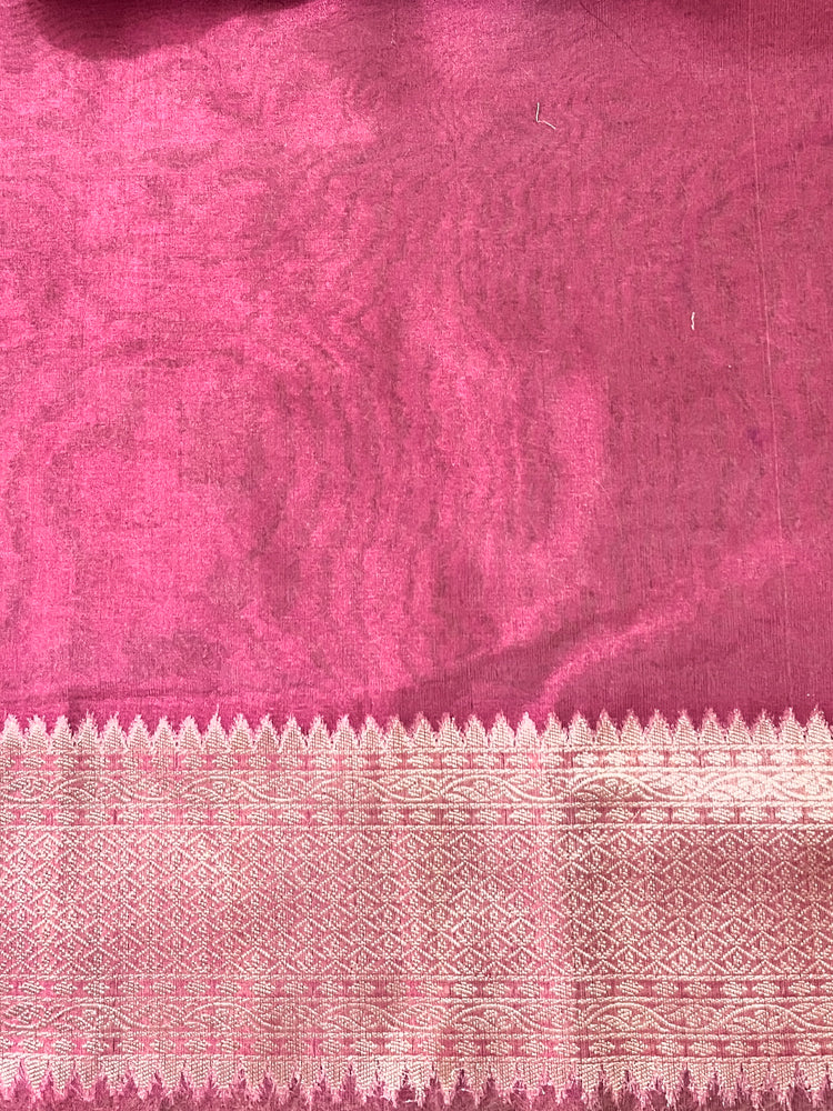 Banarasee Handloom Tissue Saree With Floral Zari Work & Border-Onion Pink