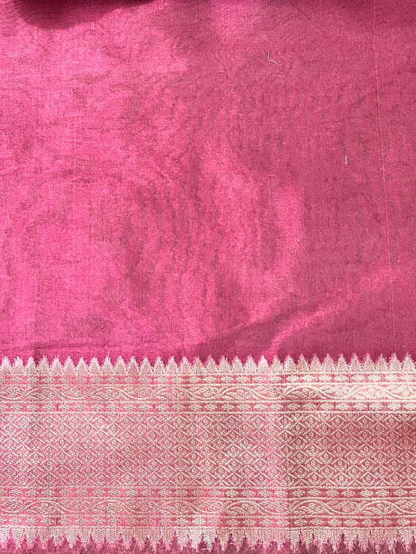 Banarasee Handloom Tissue Saree With Floral Zari Work & Border-Onion Pink