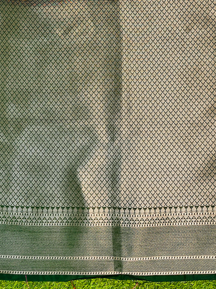 Banarasee Handloom Semi Silk Saree With Zari Buti Design & Lace Border-Green