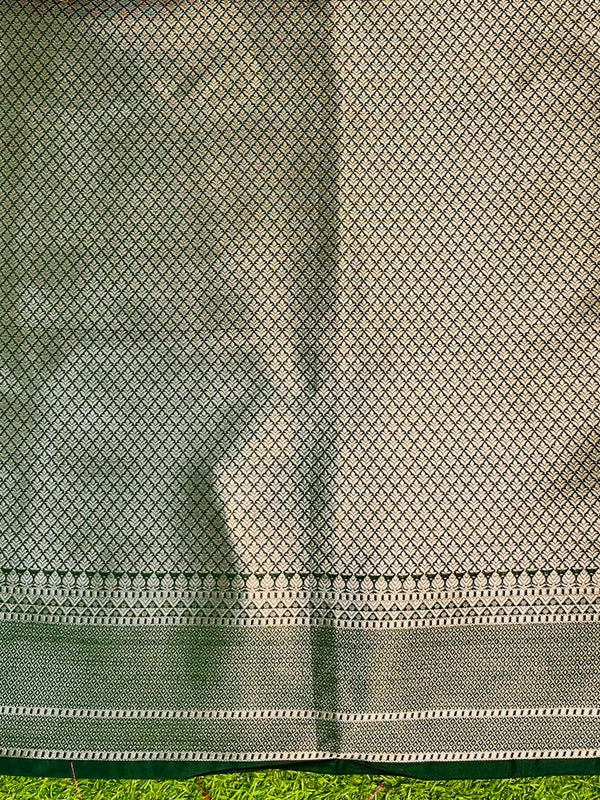 Banarasee Handloom Semi Silk Saree With Zari Buti Design & Lace Border-Green