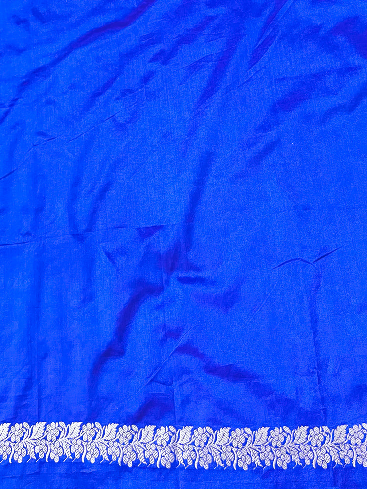 Banarasee Handloom Mashru Silk Saree With Meenadar Skirt Border & Lace-Blue
