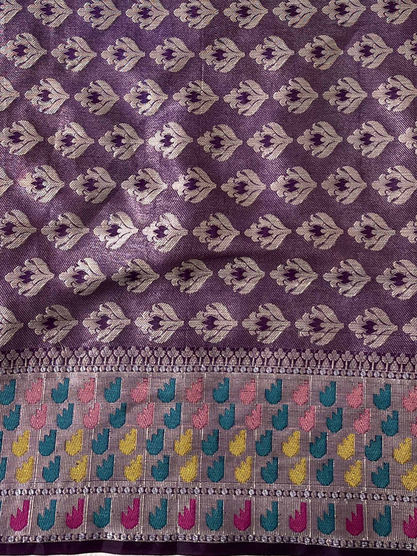 Banarasee Handwoven Semi Silk Plain Saree With Broad Zari & Meena Border-Violet