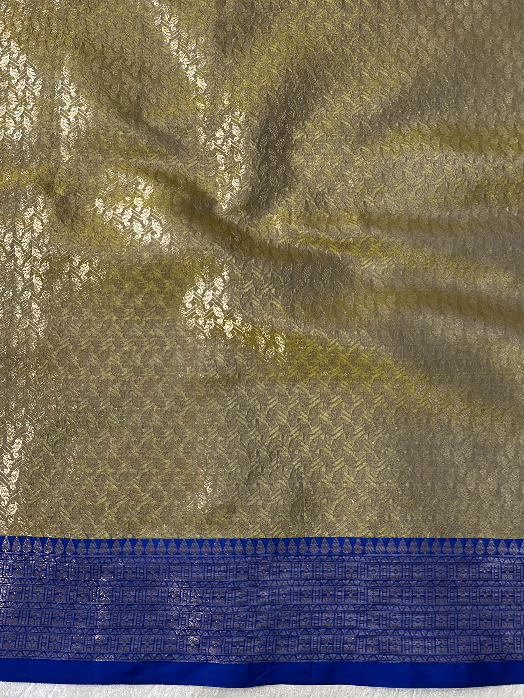 Banarasee Handwoven Broad Contrast Border Tissue Saree-Yellow & Blue