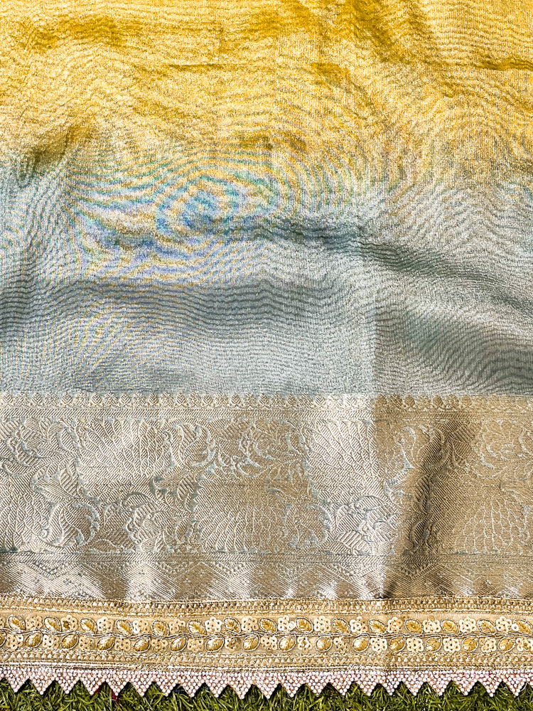 Banarasee Plain Tissue Hand Embroidered Lace Saree-Multicolor