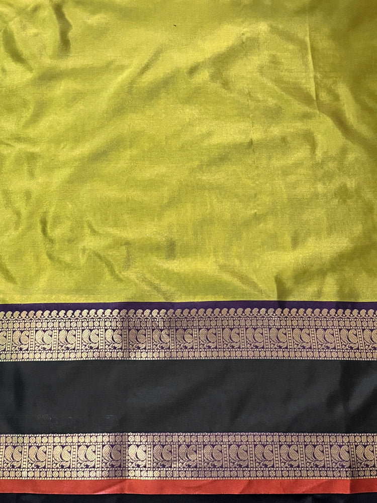 Banarasee Handloom Plain Semi Silk Saree With Contrast Border-Lime Green