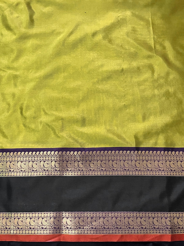 Banarasee Handloom Plain Semi Silk Saree With Contrast Border-Lime Green