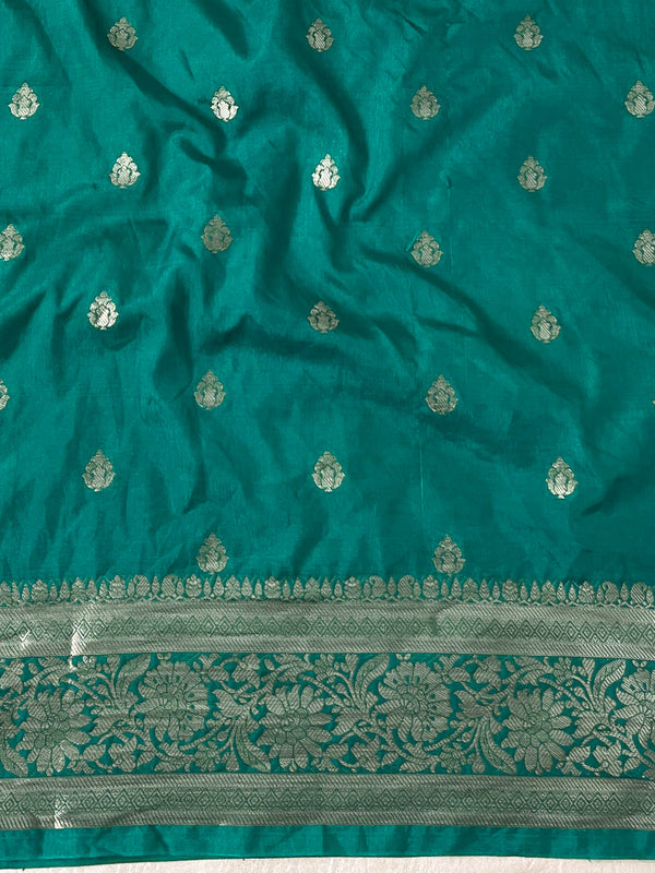 Banarasee Handwoven Semi-Chiffon Saree With Zari Work-Teal Blue
