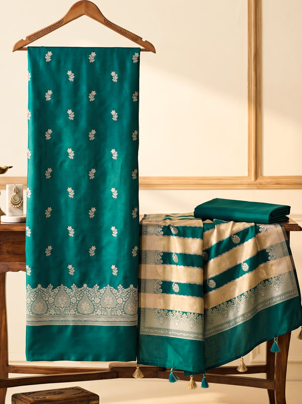 Banarasee Semi Katan Zari Work Salwar Kameez Fabric With Dupatta Set-Teal Green