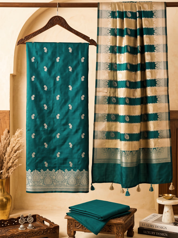 Banarasee Semi Katan Zari Work Salwar Kameez Fabric With Dupatta Set-Teal Green