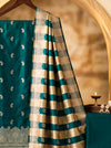 Banarasee Semi Katan Zari Work Salwar Kameez Fabric With Dupatta Set-Teal Green