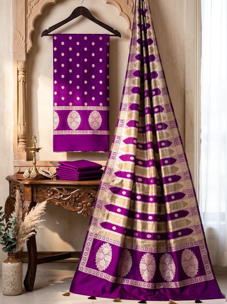 Banarasee Semi Katan Zari Work Salwar Kameez Fabric With Dupatta Set-Violet
