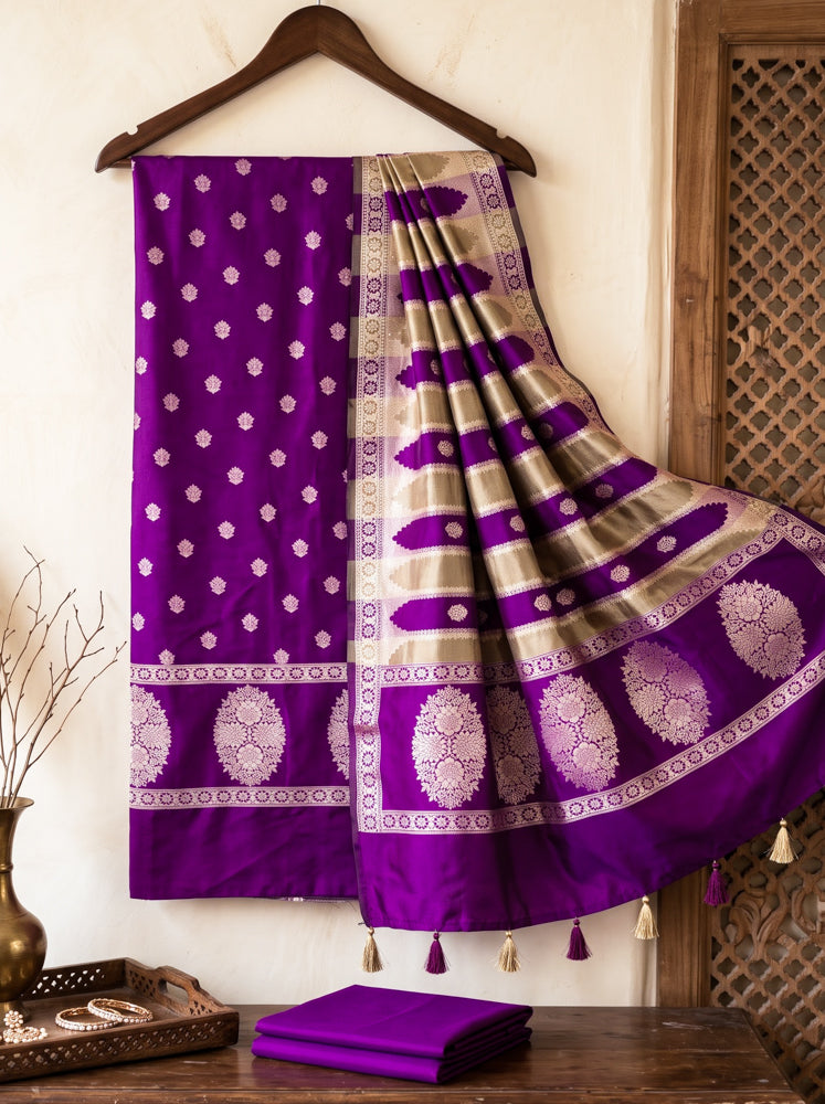 Banarasee Semi Katan Zari Work Salwar Kameez Fabric With Dupatta Set-Violet