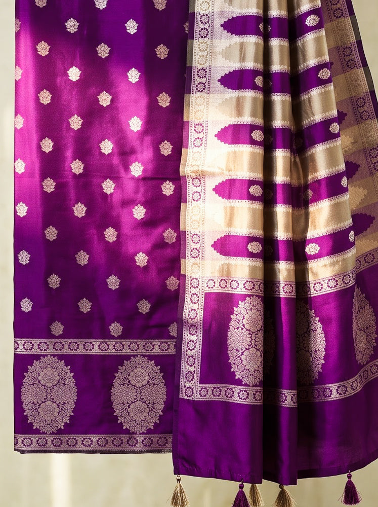 Banarasee Semi Katan Zari Work Salwar Kameez Fabric With Dupatta Set-Violet
