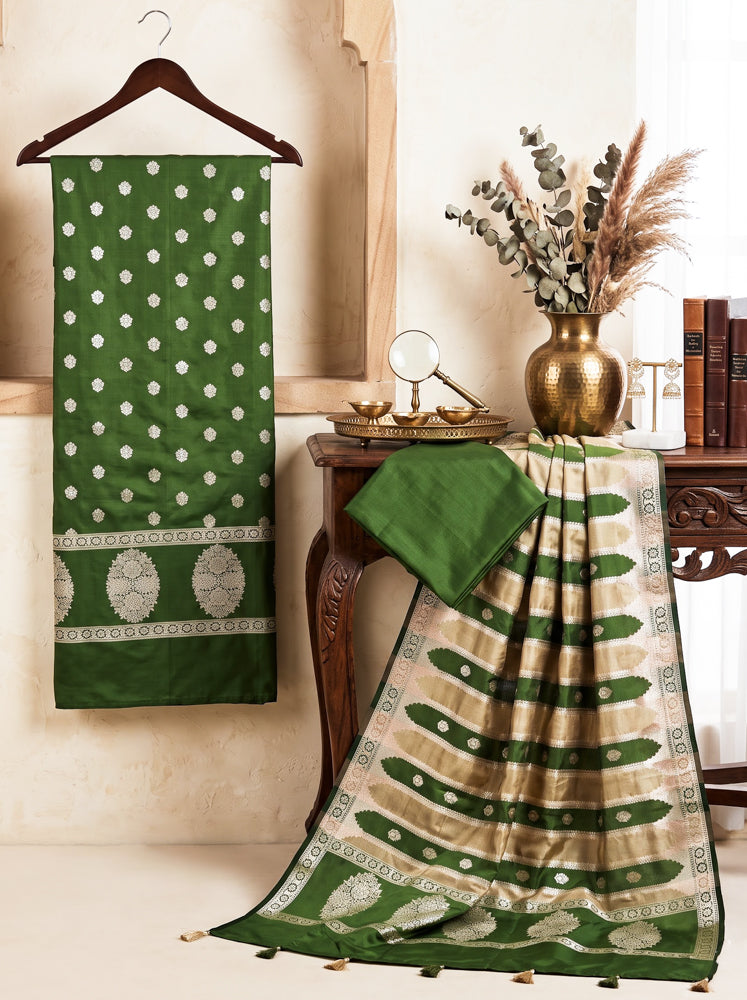 Banarasee Semi Katan Zari Work Salwar Kameez Fabric With Dupatta Set-Leaf Green