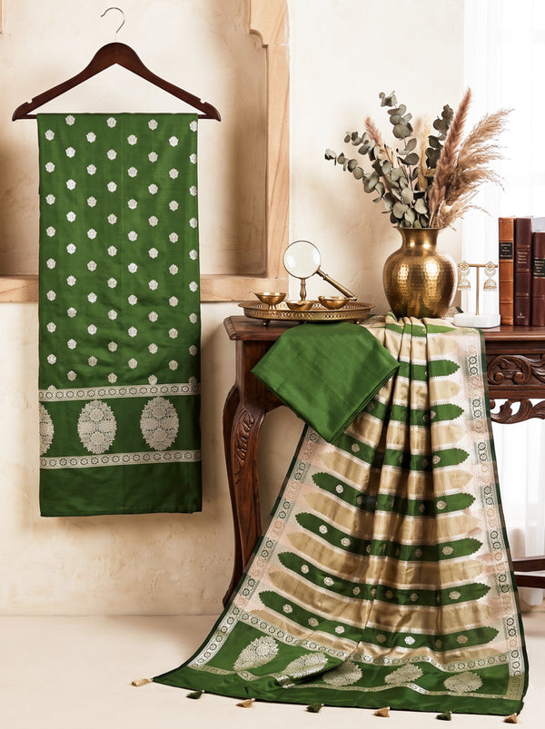 Banarasee Semi Katan Zari Work Salwar Kameez Fabric With Dupatta Set-Leaf Green