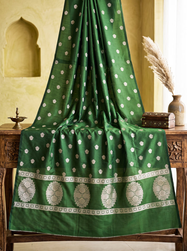 Banarasee Semi Katan Zari Work Salwar Kameez Fabric With Dupatta Set-Leaf Green