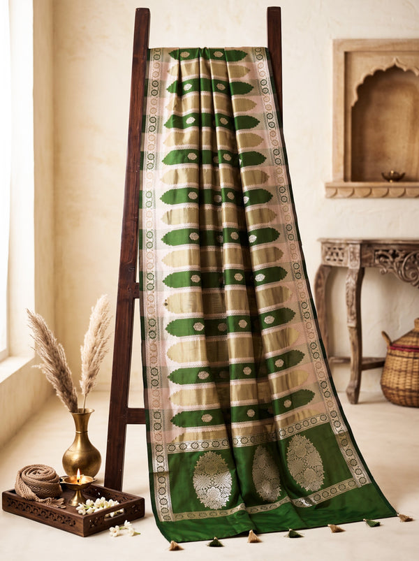 Banarasee Semi Katan Zari Work Salwar Kameez Fabric With Dupatta Set-Leaf Green