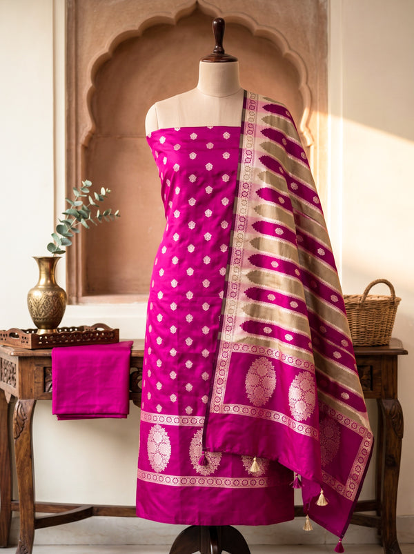 Banarasee Semi Katan Zari Work Salwar Kameez Fabric With Dupatta Set-Magenta